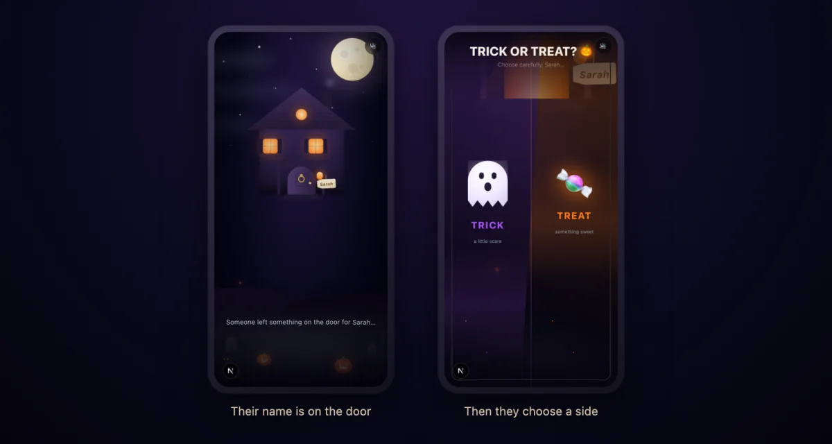 Two phone screens side by side — the haunted house at night with a name tag on the door, and the split-screen choice with a purple TRICK half and an orange TREAT half