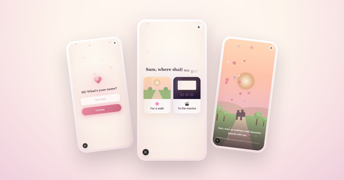 Three screens of the card: it asks for your name, then offers a walk or the movies, then plays a sunset ending