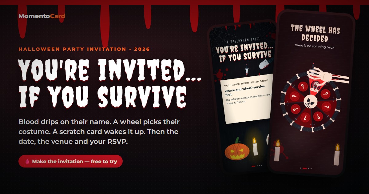 The Blood Party Halloween invitation: the bleeding seal, the summons with blood dripping onto a pumpkin, the costume wheel, the scratch card and the final invitation