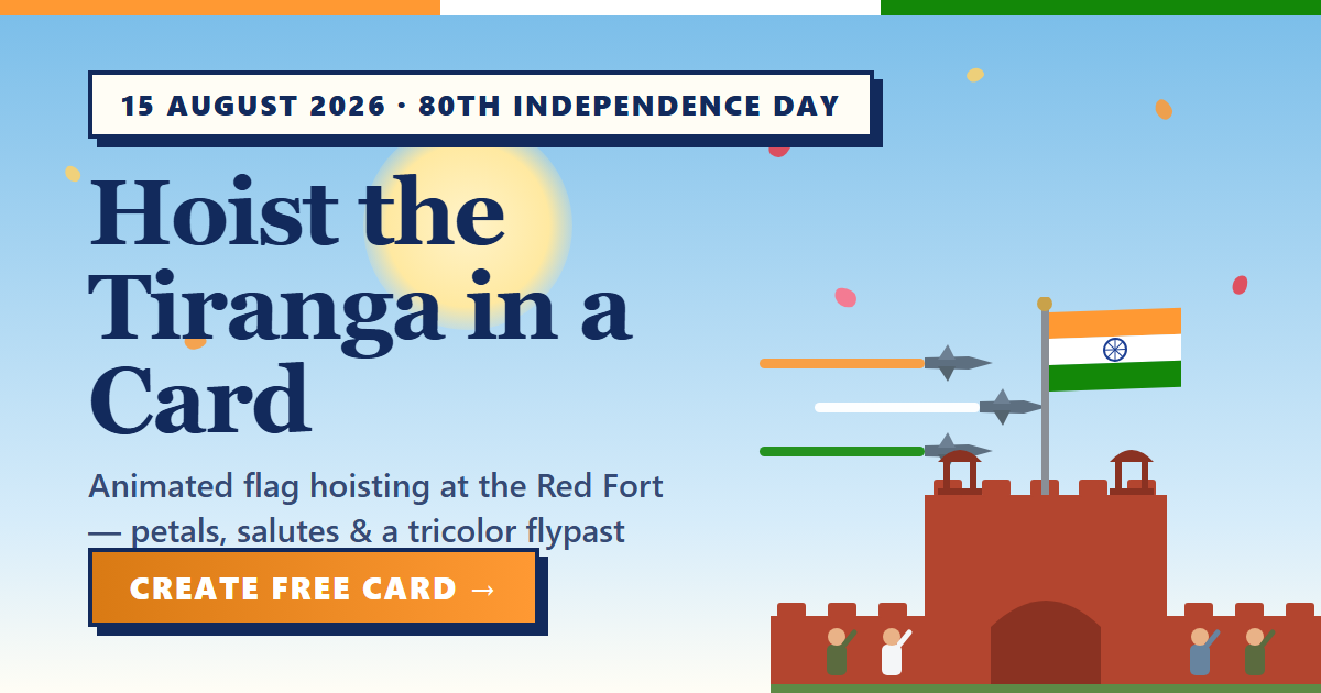 Animated Independence Day card showing flag hoisting at the Red Fort with a tricolor jet flypast