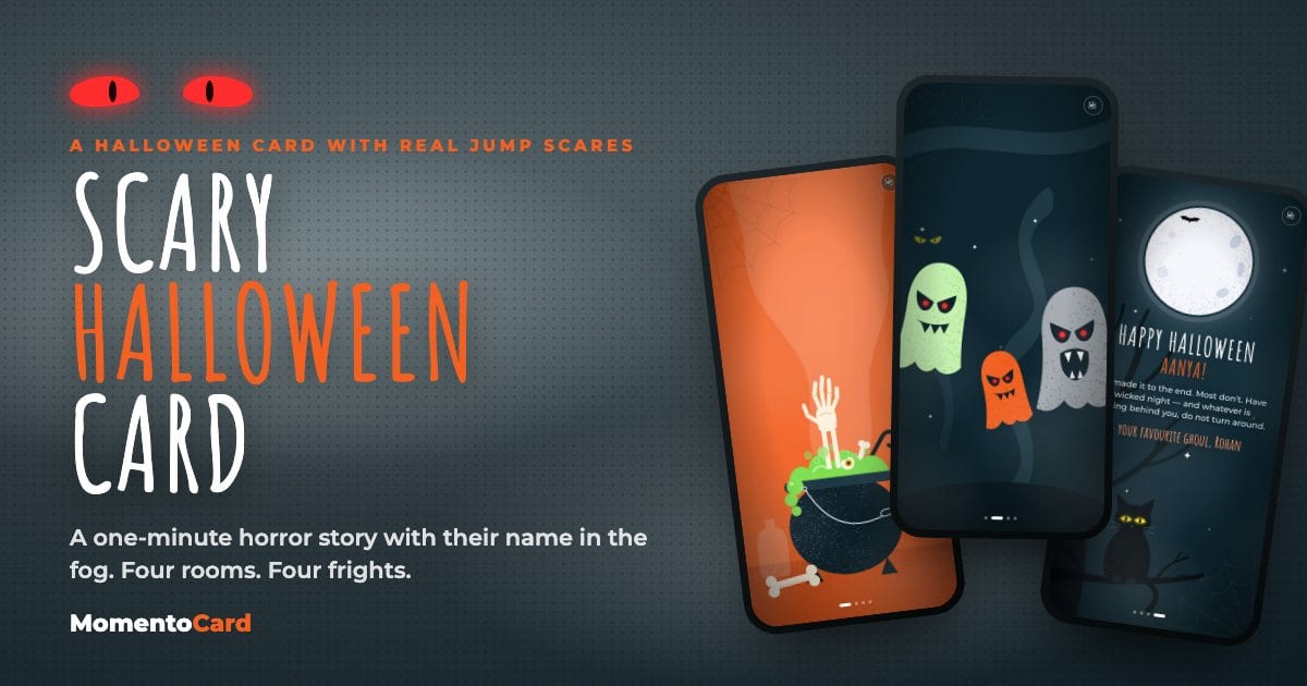 The four rooms of the Spooky Brew scary Halloween card: a cauldron with a skeleton hand, ghosts with red eyes, a giant spider on a potion bottle, and the final moon scene